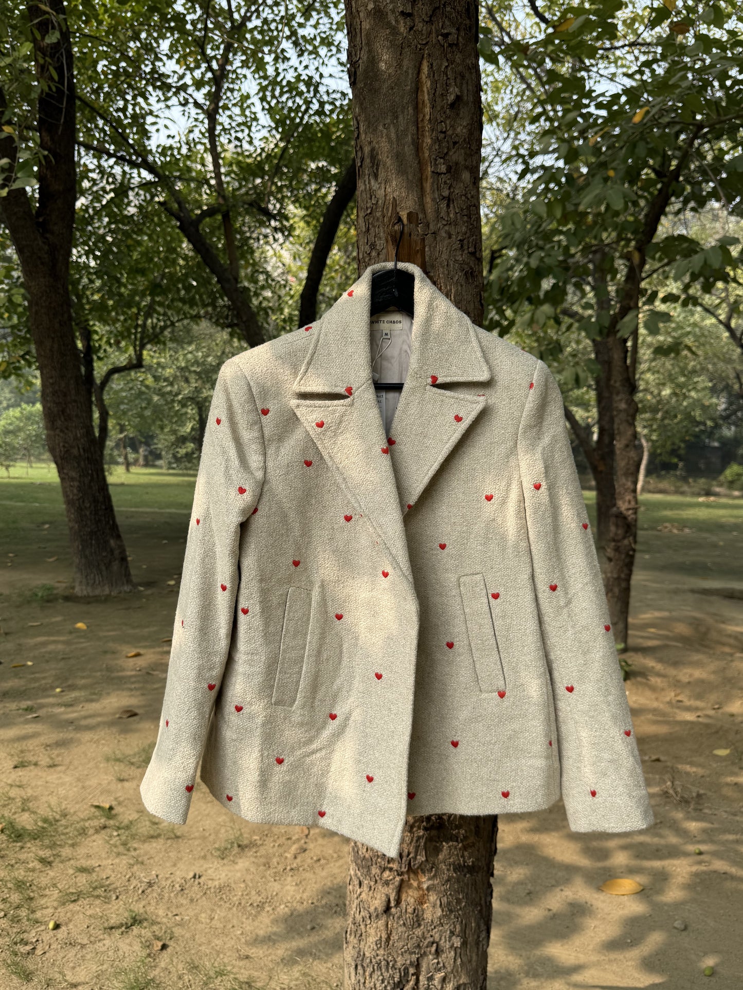 Light gray coat with red heart patterns hanging on a tree in a park setting