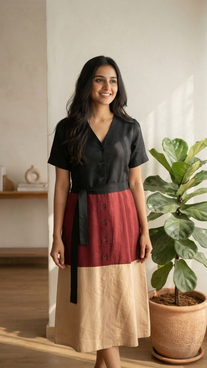 A woman modeling a three-tiered color-block linen dress with a black top, burgundy middle tier, and beige bottom, standing in a sunlit room next to a potted fiddle-leaf fig plant.