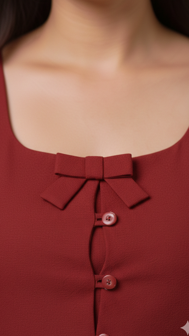 Close-up of a red dress with a bow detail on a plain background