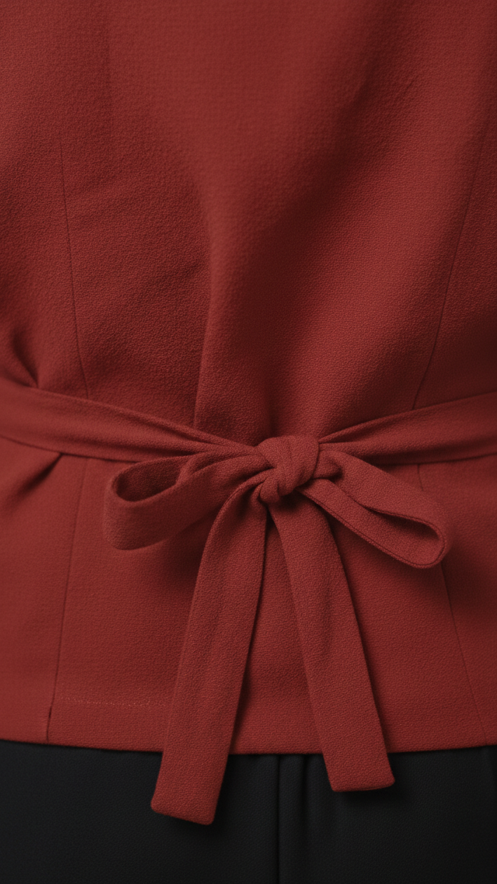 Close-up of a rust-colored top with a tied waistband on a dark background