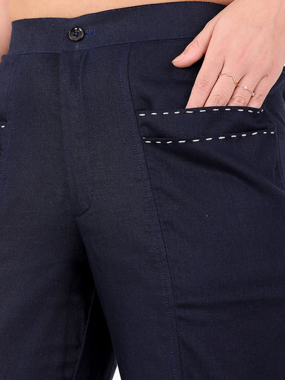 Navy blue pants with white stitching detail