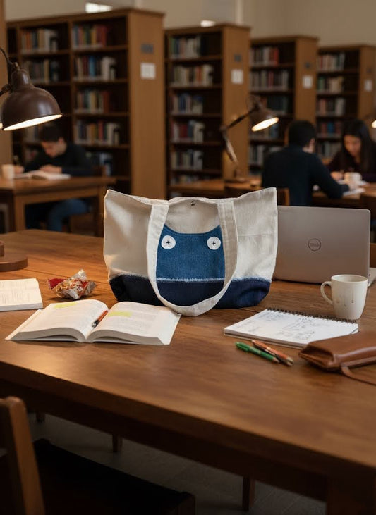 Tote bag with a cartoon character on a table in a library setting