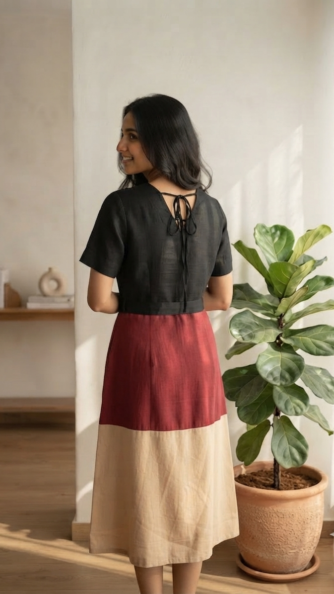 A woman wearing a color-block midi dress with a black short-sleeve top, a deep red waist section, and a beige skirt, shown from the back in a sunlit room next to a potted fiddle-leaf fig plant.
